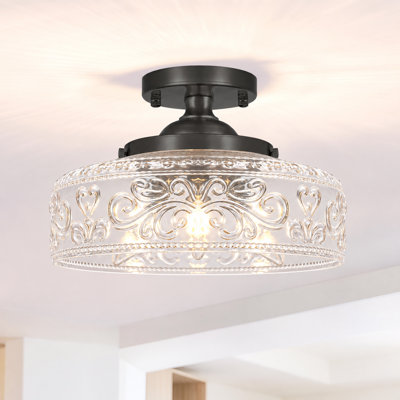 Vintage Matte Black 3-Light Semi Flush Mount Ceiling Light Fixture with Etched Clear Glass Shade