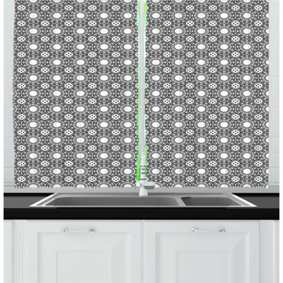 Antique Oriental Continuous Monochrome Intricate Circular and Pattern Kitchen Curtain
