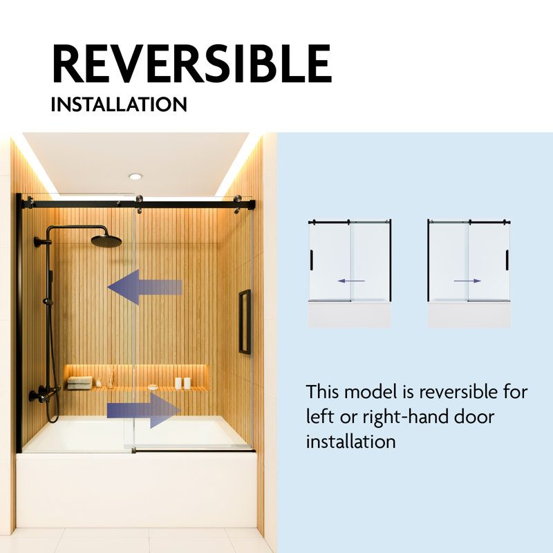 56” - 60" W x 75” H Frameless Single Sliding Tub Glass Shower Doors | 3/8” Thickened Clear Tempered Glass | Leak-Proof | Durable Stainless-Steel Hardware | Adjustment Uneven Walls