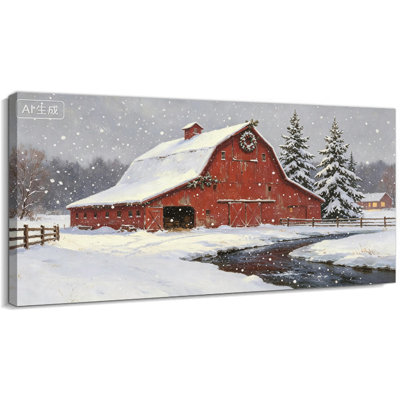 Winter Farmhouse Canvas Wall Art Red Barn Snowy Landscape, Rustic Country Artwork for Living Room, Bedroom or Entryway, Winter Barn Scene with Snow Covered Pine Trees, 24x12 Inch