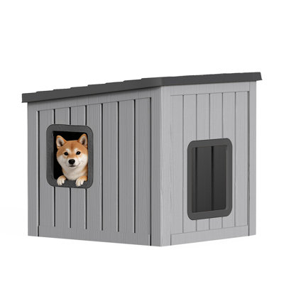 Maison pour animaux d'extérieur en résine résistante aux intempéries avec toit incliné 22,23 "H (noir et gris)