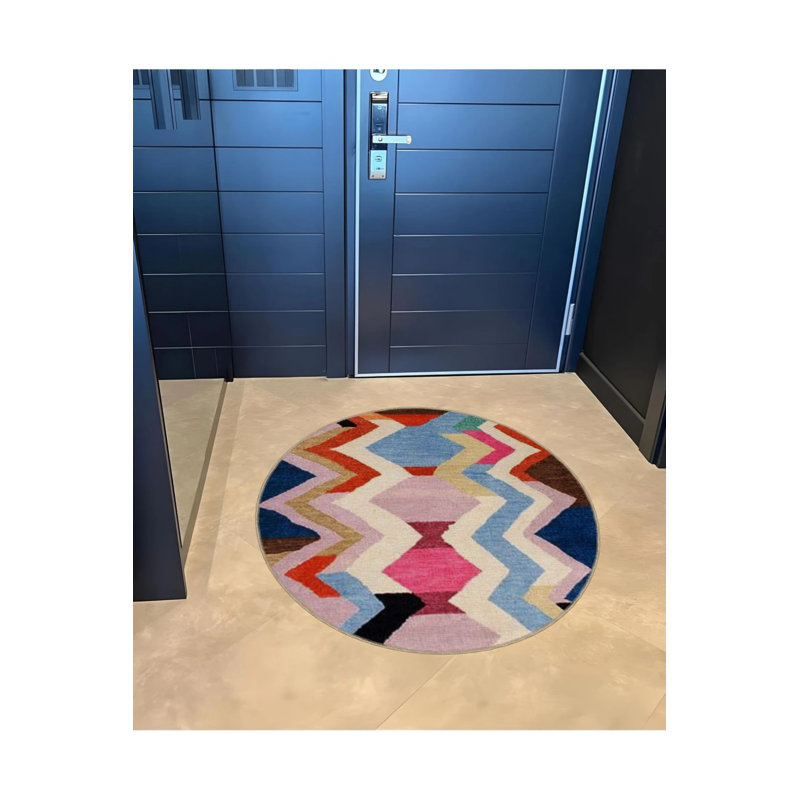 Multicolored Geometric Patterned Round Woven Base Modern Decorative Carpet, Round 5'