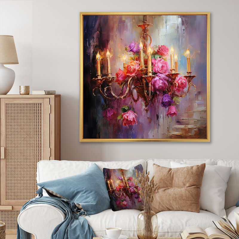 Rose floral splendide lustre rococo - lustre, art mural, Cadre flottant doré, 30" H x 30" W