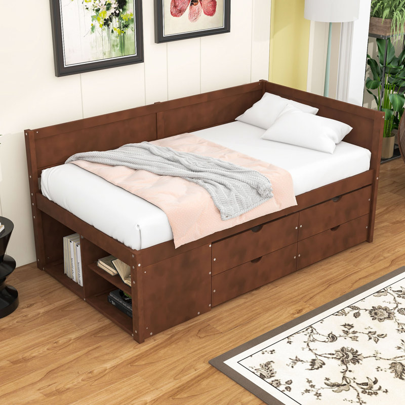 Wood Daybed with Pull-Out Drawers and Shelves, Walnut, Twin