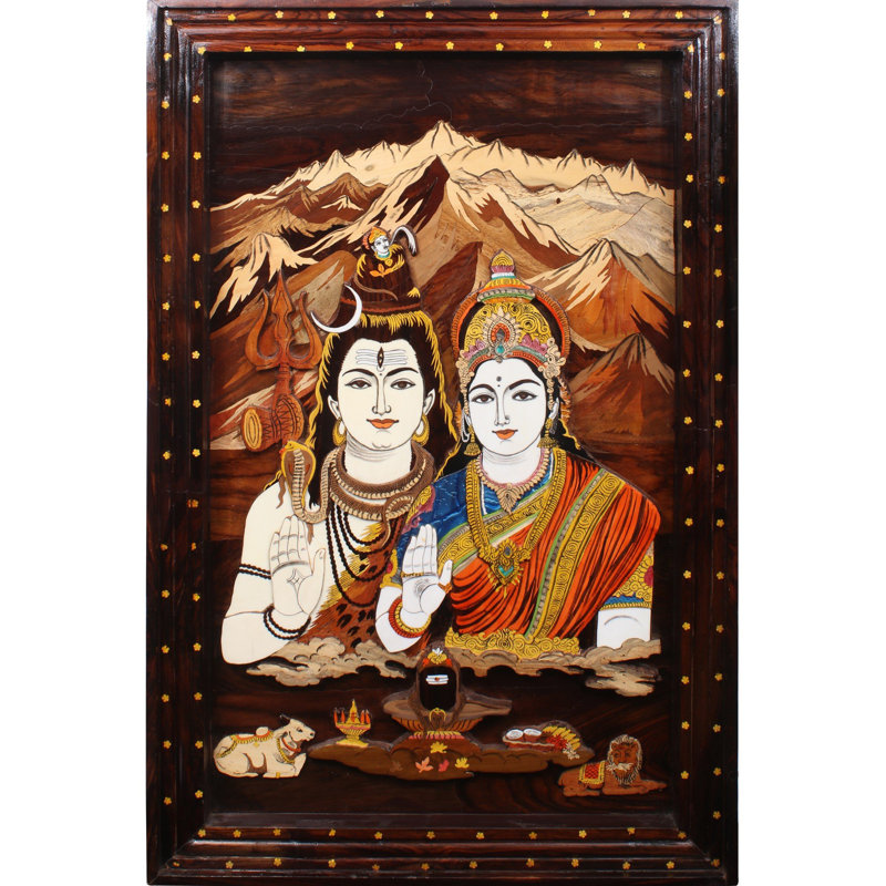 36 "seigneurs Shiva et déesse Parvati couleur naturelle sur panneau de bois incrusté - Art mural traditionnel indien spirituel traditionnel