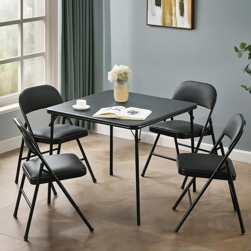 Folding Card Table And Chair Set Of 5 Portable With Padded Tabletop, No Assembly Required, Black