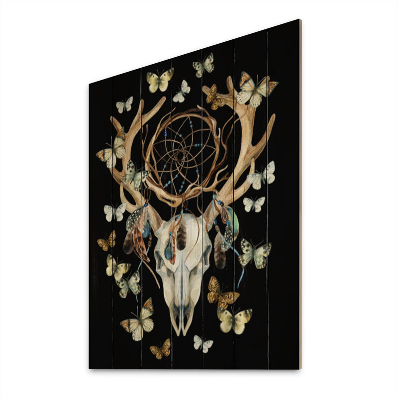 Crâne de cerf avec papillons - Impression sur bois sans cadre, H 12 po x l 8 po x P 1 po