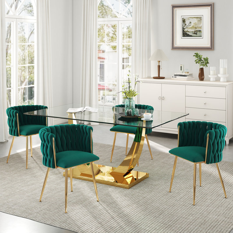 Rectangle Pedestal Dining Set with Woven Dining Chair, Green, Gold