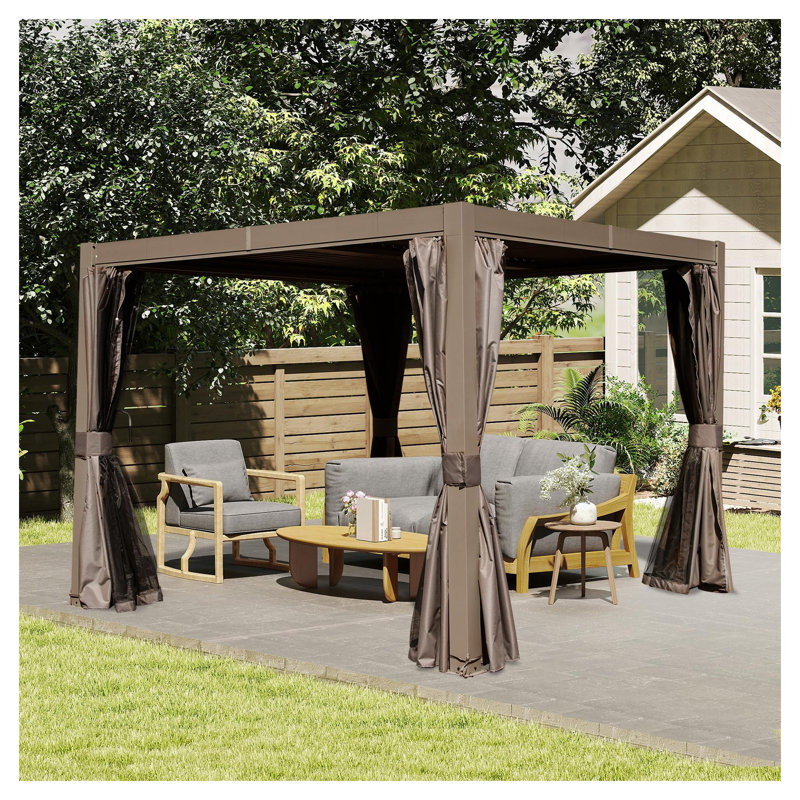 10x10 FT Outdoor Aluminum Louvered Pergola with Adjustable Roof & Privacy Curtains - Brown All-Weather Patio Gazebo