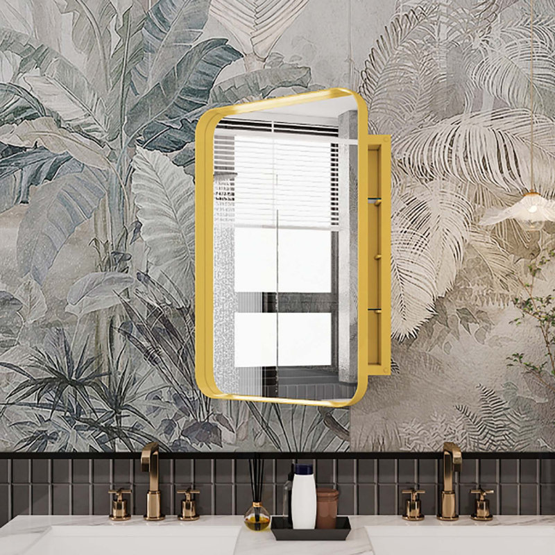 Armoire de salle de bain polyvalente avec cadre en métal avec miroir et tablettes réglables pour le rangement, Doré