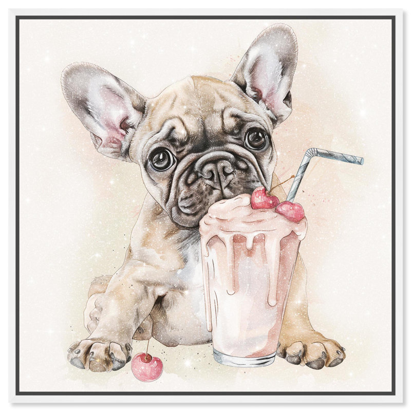 Milkshake Frenchie, reproduction d'art sur toile par Art Remedy, Cadre blanc, H 21 po x l 21 po x P 1,8 po