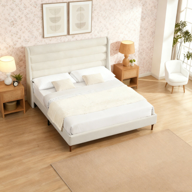 Lit plateforme en tissu d'ameublement avec tête de lit Chenille, Très grand lit