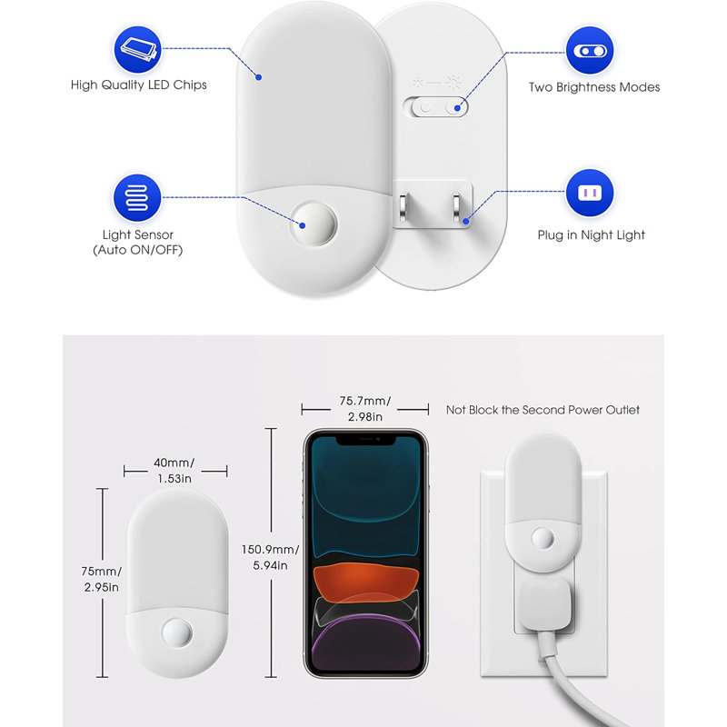 Horizontal Wall Light White Plug-In Night Light With Light Sensor, 3000K Warm White, Sliding Dimmer