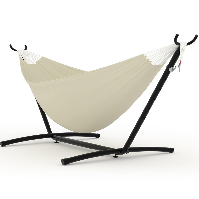 Hamac double robuste avec support en acier - portable, peu encombrant, pour 2 personnes, capacité de 450 lb, coton polyester, facile à assembler, intérieur / extérieur, sac de transport - crème clair