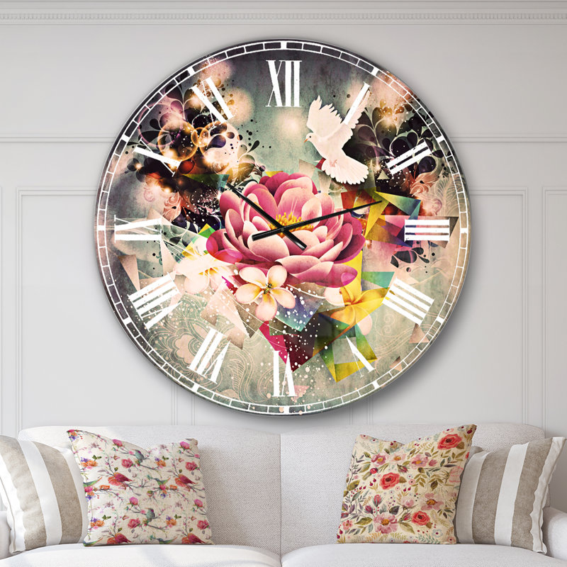 Fleurs et colombe - dessin abstrait - horloge murale traditionnelle, Surdimensionné