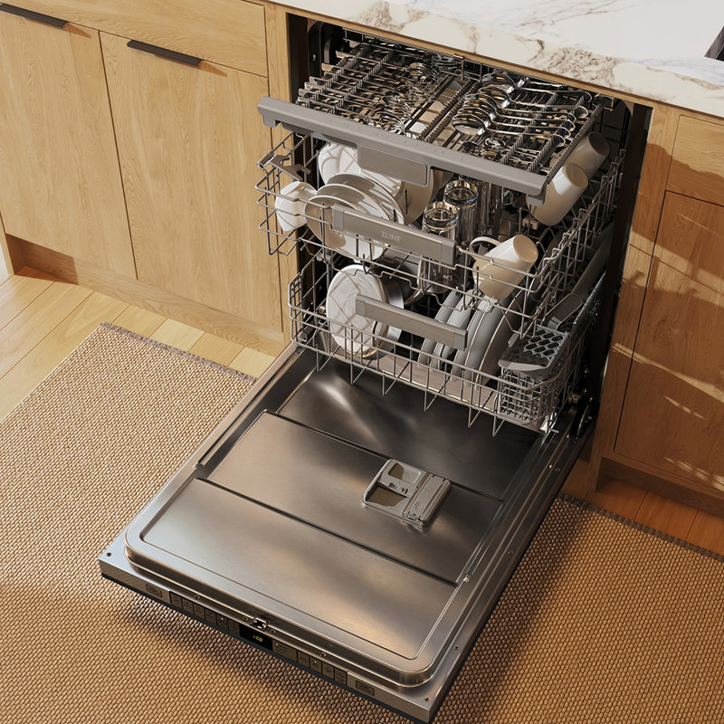 ZLINE Autograph 24 in. Auto Door Open 3rd Rack Dishwasher, 44dBa, Black Steel Panel & Bronze Handle