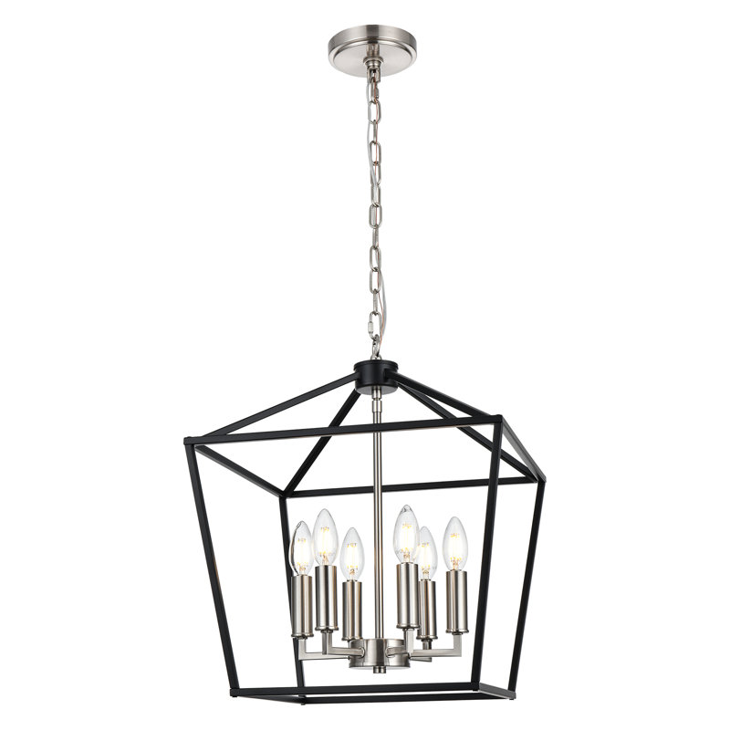 Luminaire suspendu de style lanterne à 6 lumières Hirra, Noir / Nickel brossé