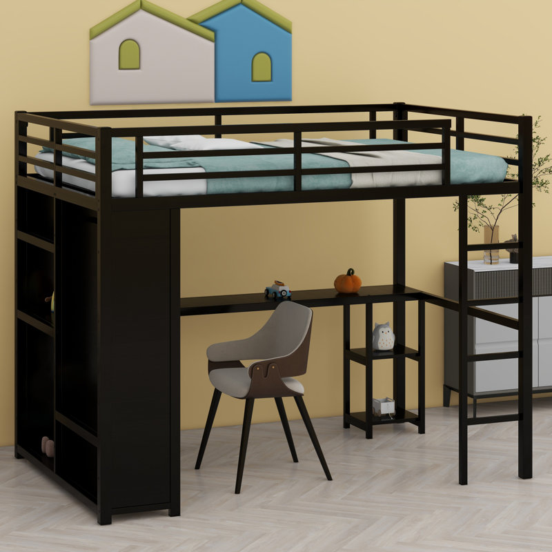 Metal Loft Bed Frame With Built-In Wardrobe, Desk And Storage Shelves, Black, Full