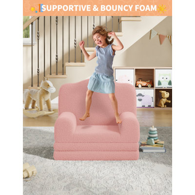 2-in-1 Kids Sofa - Convertible Foldable Sofa Bed Chair, Crown Design, Washable Cover, for Kids Bedroom & Kindergarten, Ideal Gift -Pink