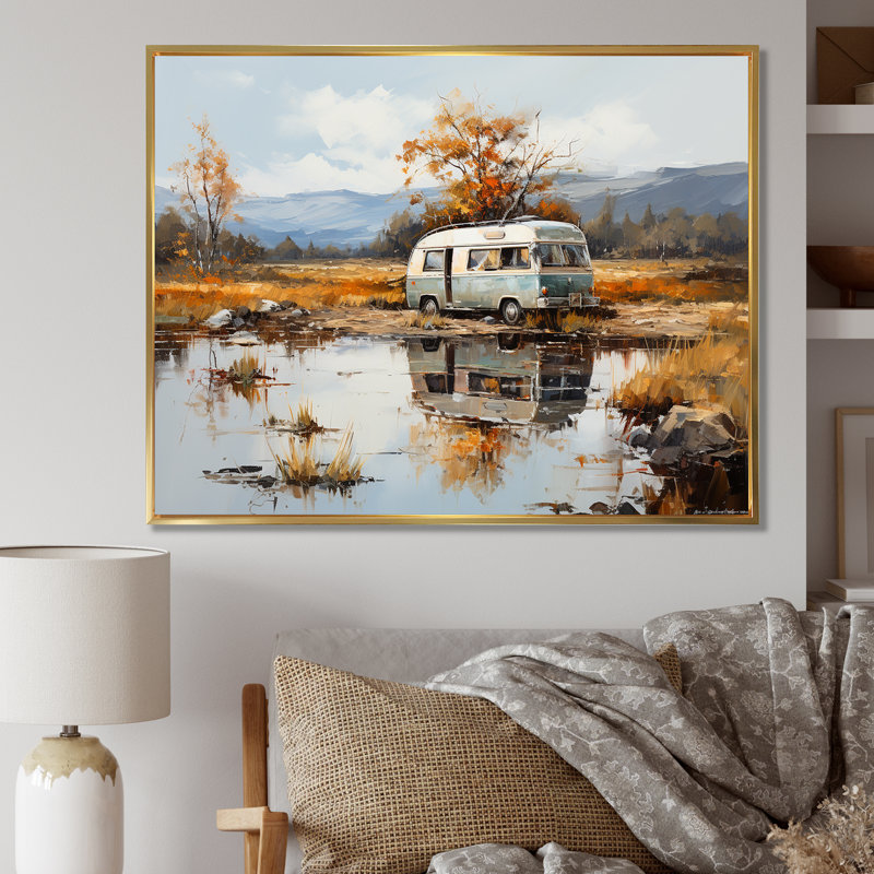 Charme de van de camping - Art mural de salon de camping, H 24 po x l 32 po x P 1 po, Cadre flottant doré