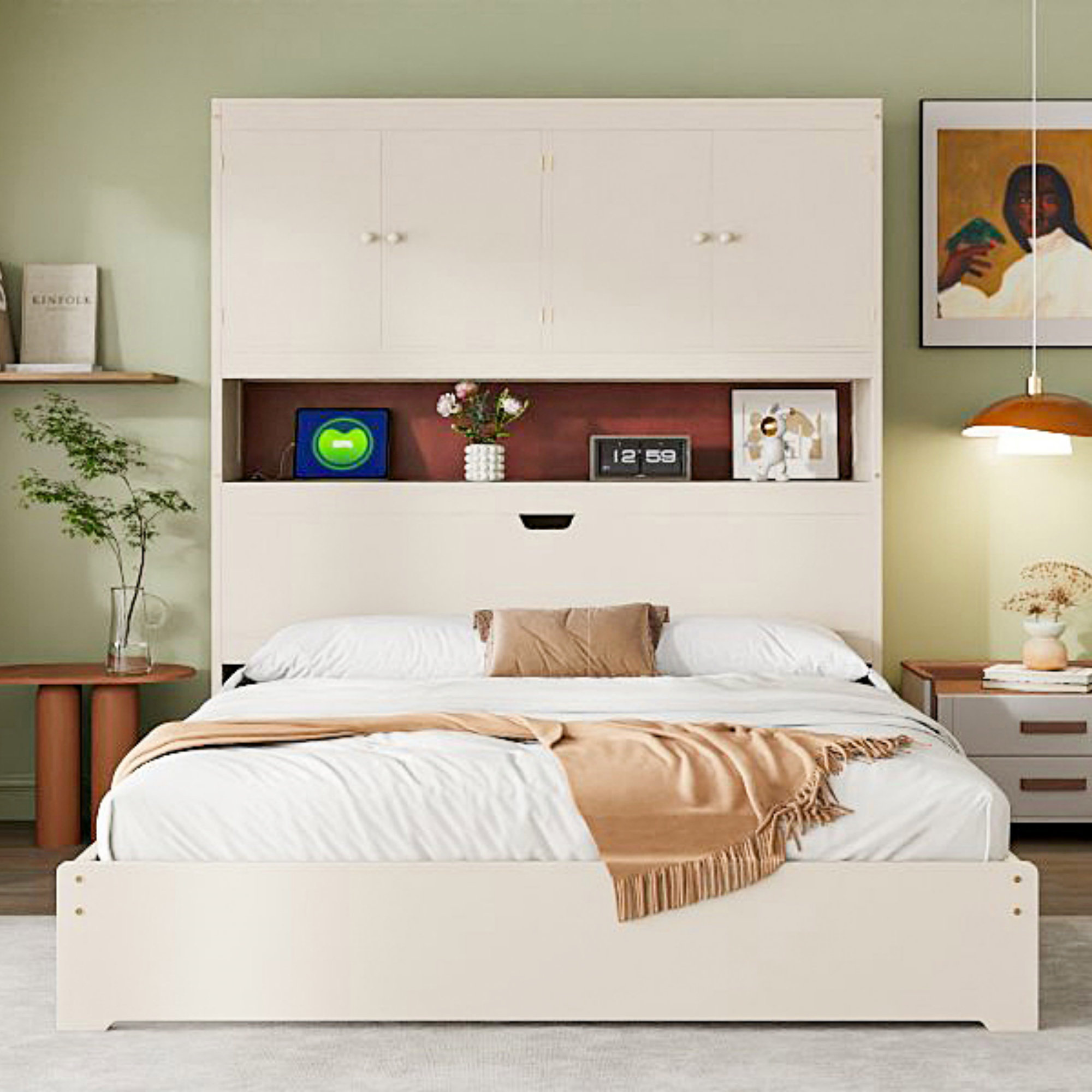 Latitude Run® Full Size Wooden Platform Bed With USB, Storage Headboard ...
