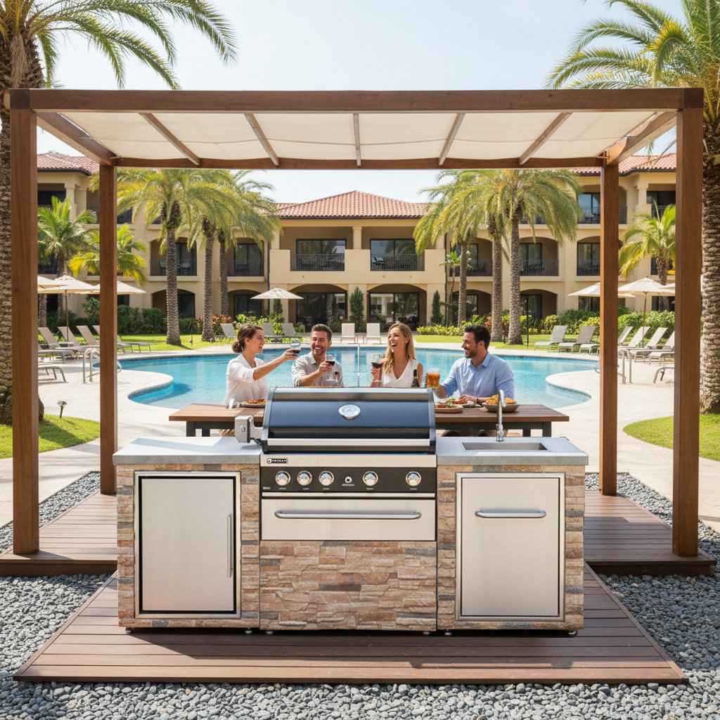 Prokan 86.7 W Outdoor Kitchen Desert Sunrise 5B Propane Grill Island with 63L fridge and Sink Prokan