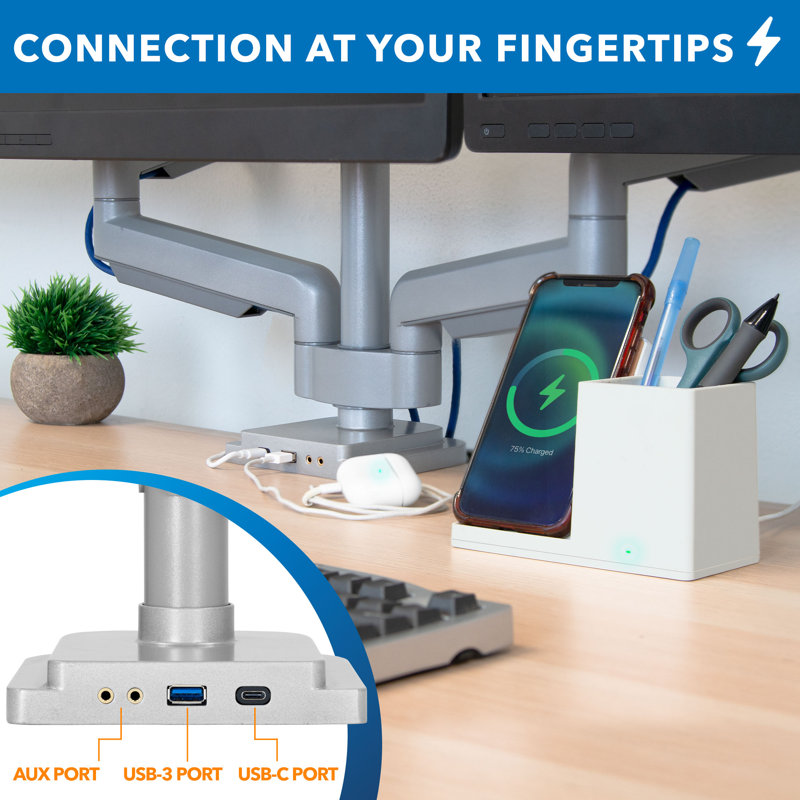 Silver Adjustable Triple Monitor Desk Mount with USB and Audio Ports