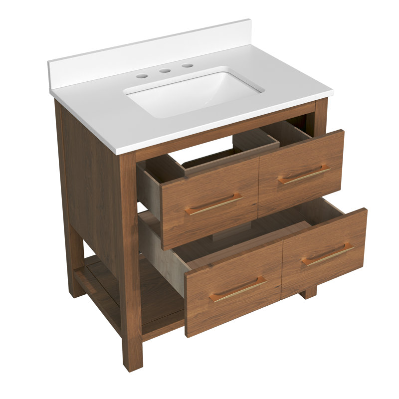 Fet 30" Single Bathroom Vanity With Solid Wood Frame And Ceramic Top, Bois naturel