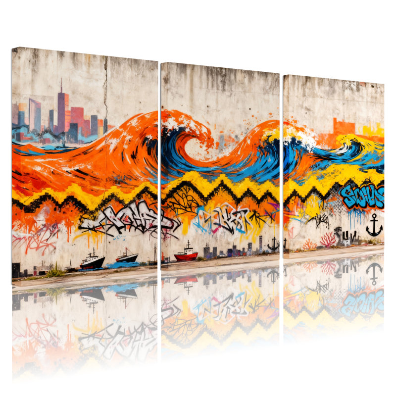 Ensemble de 3 tableaux muraux sur toile à motif de graffiti urbain représentant une vague de ville, H 24 po x l 48 po