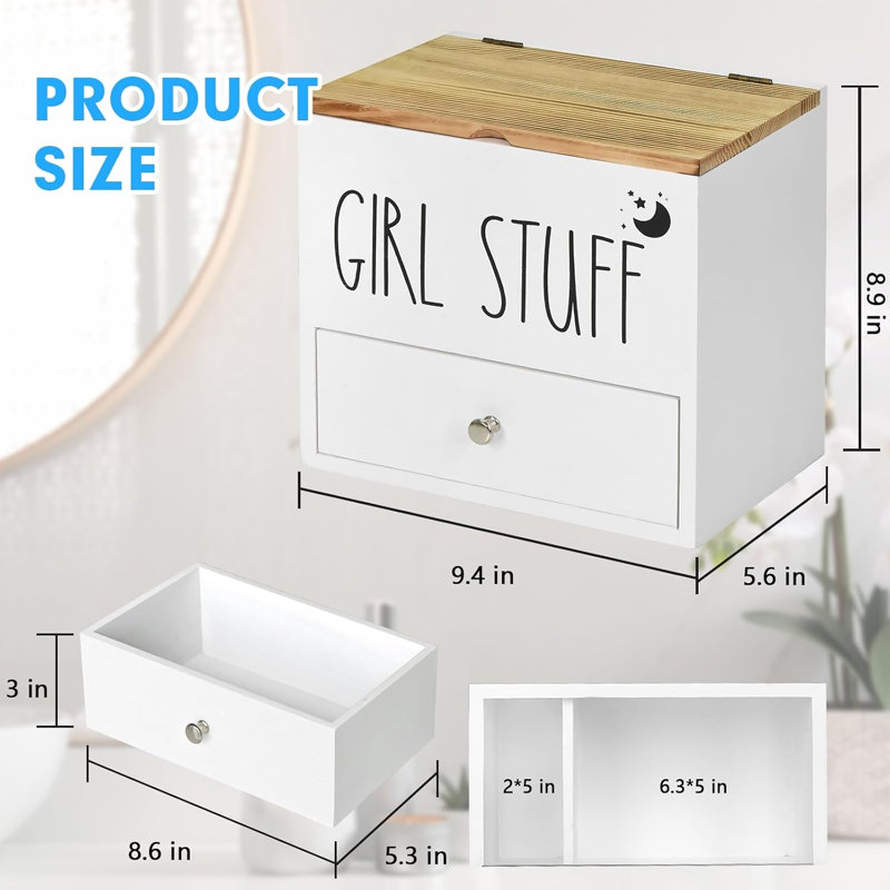 Support pour rangement et décoration de salle de bain, organisateur de produit féminin en bois avec tiroir et couvercle