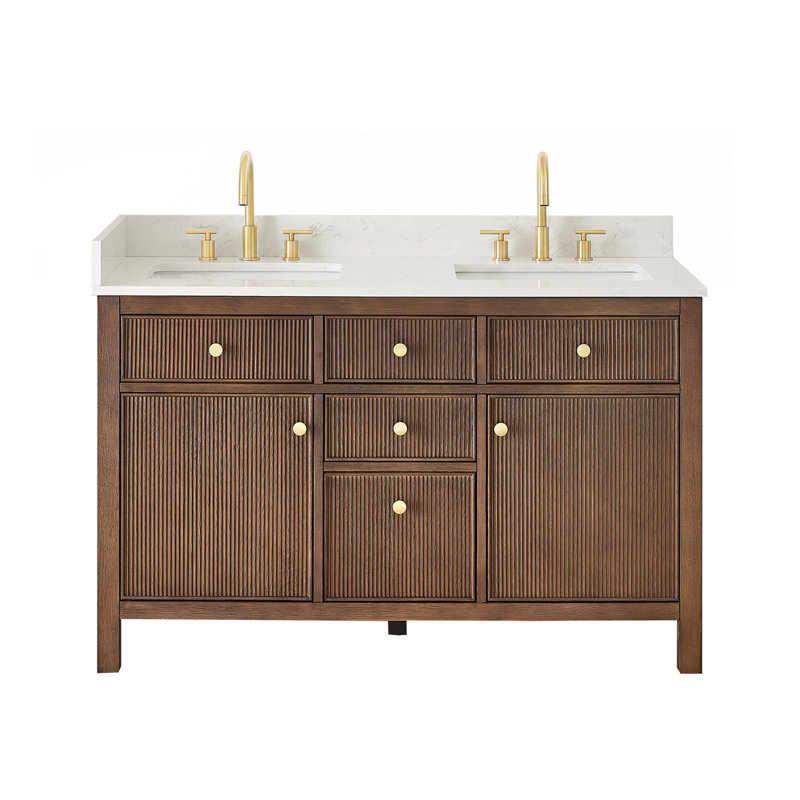 Meuble-lavabo double 54 po Cerrito en chêne brossé brun avec comptoir en pierre reconstituée blanc grain, Chêne brun brossé