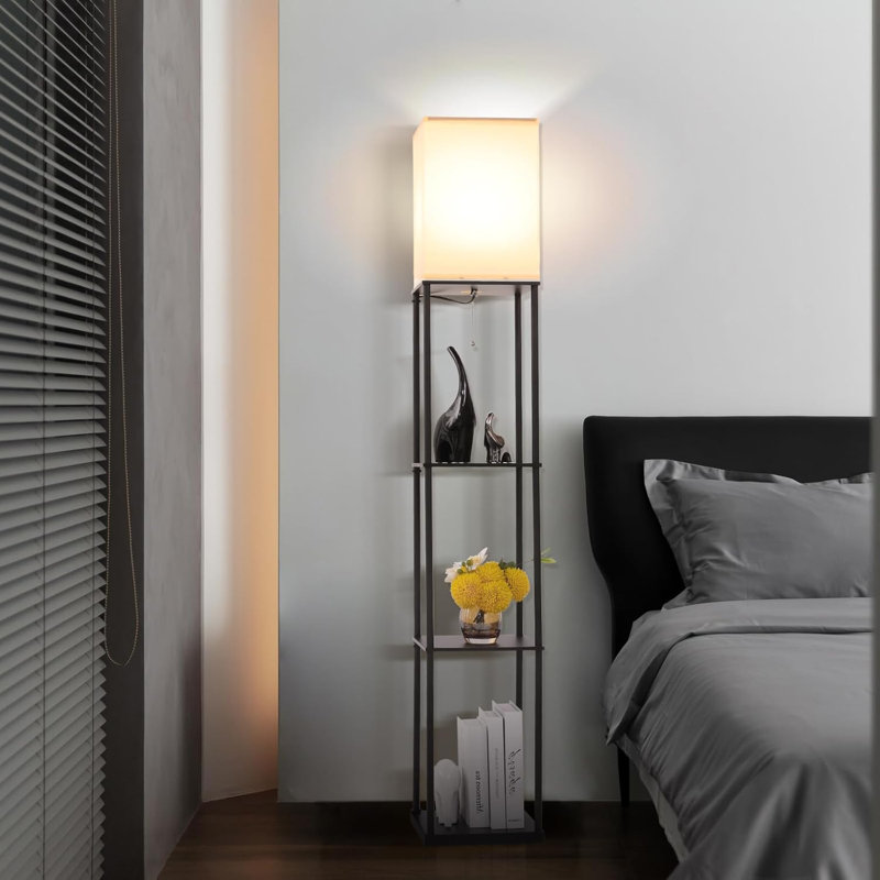 Modern Floor Lamp With Shelves, 3-Color Remote Control Dimming, Corner Bookshelf Lamp For Living Room, Bedroom, Office - Black (9YK)