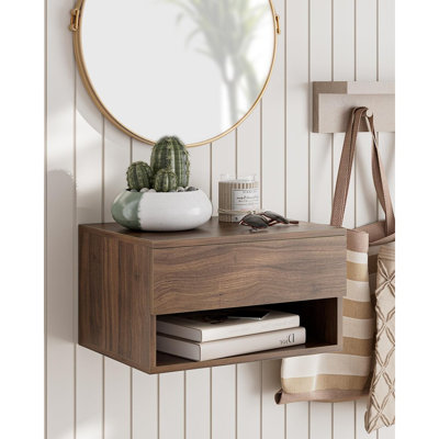 Floating Nightstand With Drawer, Small Modern Wall-mounted Shelf, Brown Walnut