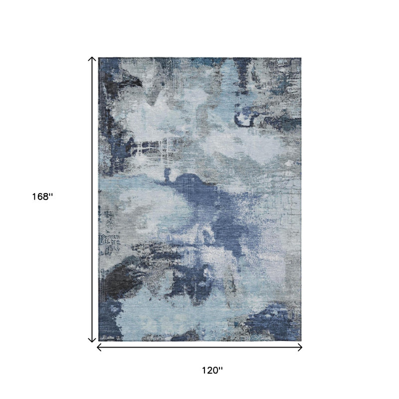 Tapis intérieur/extérieur abstrait bleu ivoire et gris 10' x 14' lavable