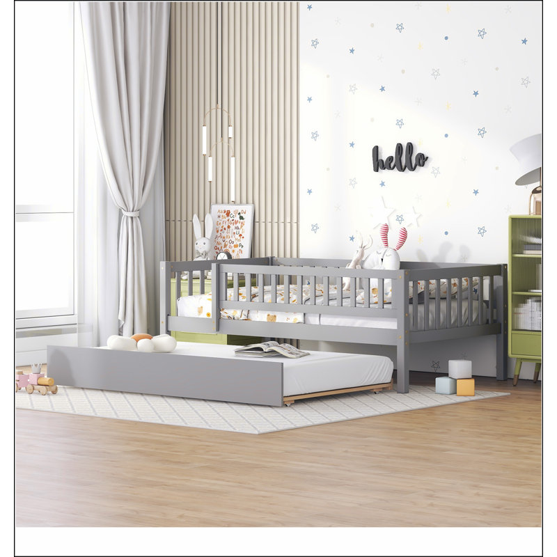 Wood Daybed with Trundle and Fence Guardrails, Grey, Twin