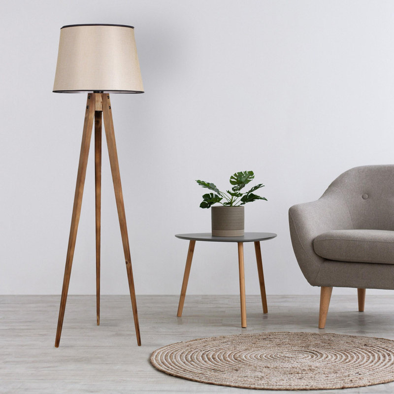 Luro Elegant Wooden Floor Lamp, Brown Finish, 63.0 inches Tall | 17.7 inches Diameter Shade with Fabric Cap | On/Off Switch on Cable, E27 Socket (Max 60W) | Perfect for Living Room, Bedroom, and Modern Decor