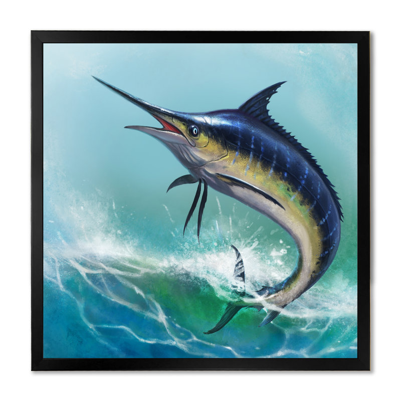 Marlin bleu dans l'océan - Peinture, Cadre photo noir, H 16 po x l 16 po