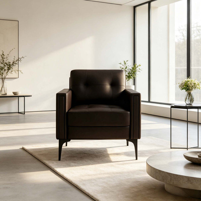 Fauteuil d'appoint contemporain avec coutures doubles et confort à ressorts, Tissu brun