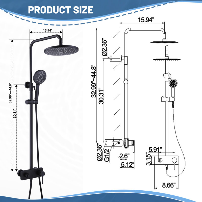 Système de douche complet en laiton massif réglable en hauteur 44,8 po avec valve brute, Noir mat