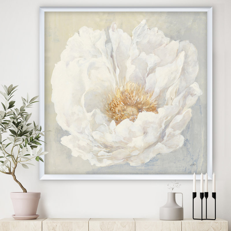 Pivoine blanche sereine - reproduction sur toile, Cadre blanc, H 30 po x l 30 po x P 1 po