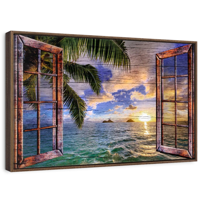 Vue de fenêtre en bois tropical, Cadre flottant noyer, 31 po x 21 po