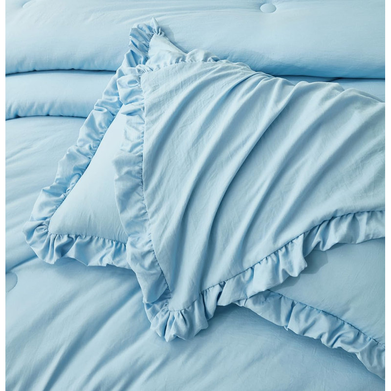 Nora Washed Microfiber Ruffled Comforter Set, Full Comforter + 2 Standard Shams, Chambray