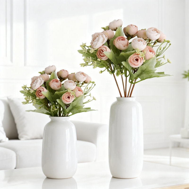 2 Bundles Artificial Peonies Flowers Bouquet 15 Heads, Real Touch Fake Flowers with Green Leaves for Wedding Centerpieces, Home Table Decor, Housewarming Gift