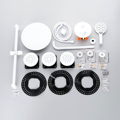 Ensemble de douche blanc avec main et valve: tête, barre coulissante, jets, bras, boyau, garniture de valve, poignée à levier - laiton
