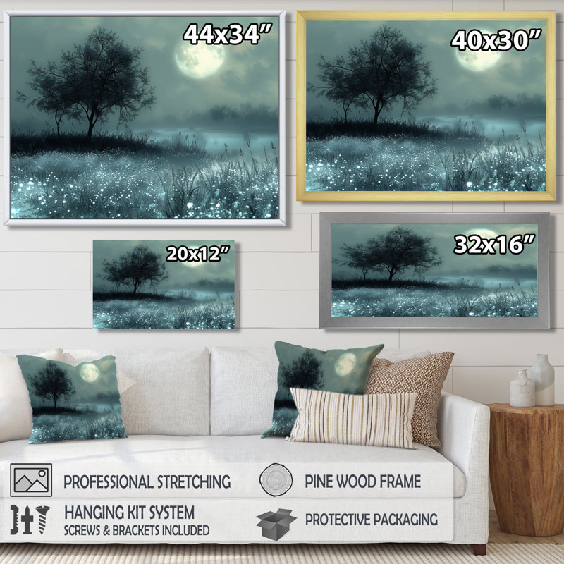 Hiver gris et blanc au clair de lune, arbre I - salon d'art mural fées, Toile tendue, 16" H x 32" W