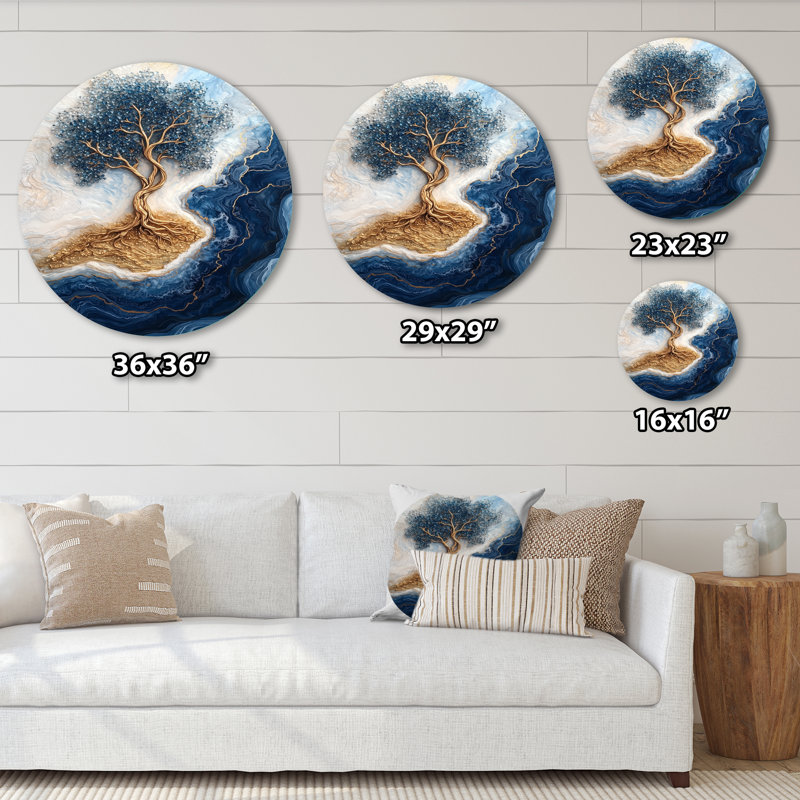 Arbre turquoise de la vie dans la rivière de l'existant I - Décoration murale traditionnelle en métal bleu, H 36 po x l 36 po