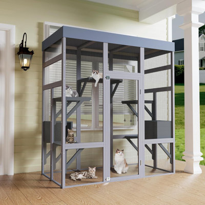Walk-in Catio Outdoor Cat Enclosure, Large Wooden Cat House with Waterproof Roof & 5 Platforms, 2 Resting Boxes, Secure Garden Cat Run for 5-6 Cats, Indoor/Outdoor Pet Playpen