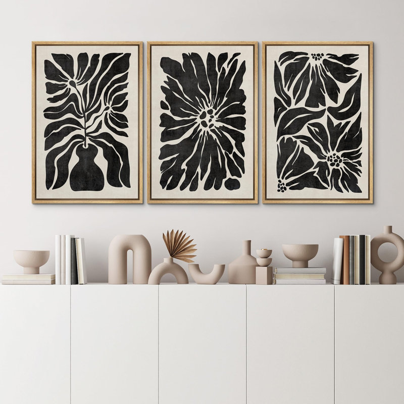 "Silhouette botanique monochrome noir et blanc à motif floral moderne, salon chic" - 3 pièces, Naturel, H 24 po x l 16 po
