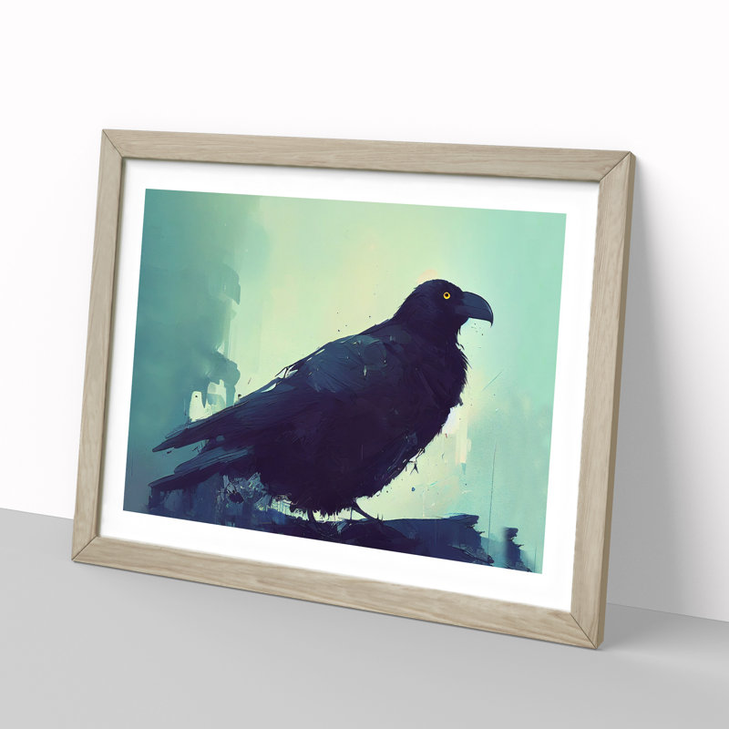 Raven Bird - Single Picture Frame Painting, 46cm H x 64cm W x 2cm D, Oak