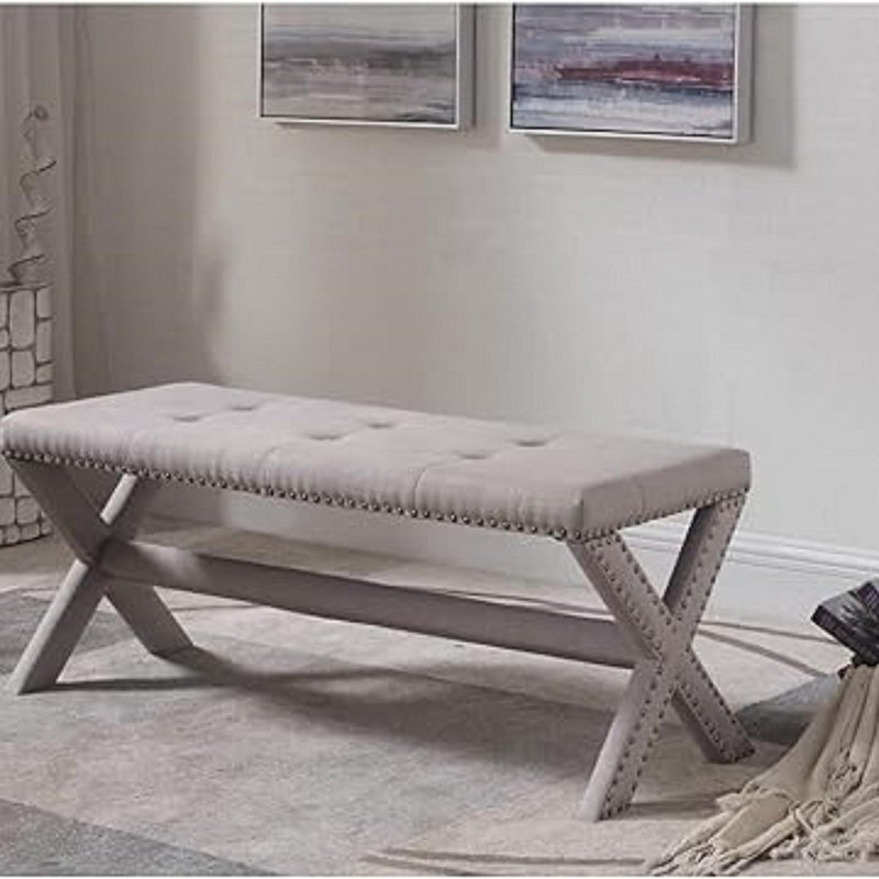Banc décoratif Glam avec garniture cloutée, siège capitonné, banc latéral rembourré pour chambre à coucher, salon et entrée, gris